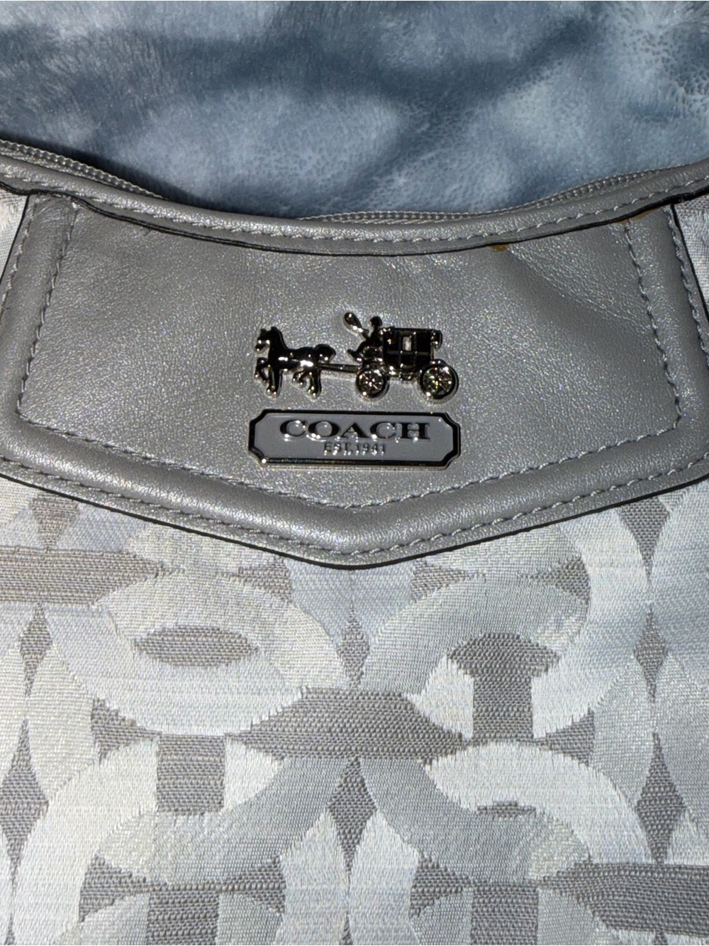 Coach Gray Signature Jacquard Shoulder Bag with Metallic Coach Plaque